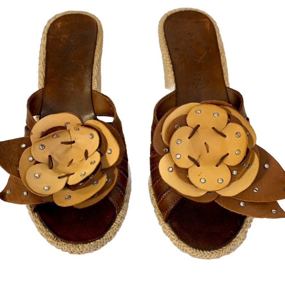 Nana‎ Italian Leather Wedge Sandals Sz 6.5 Artisan Made Floral Tan Brown READ